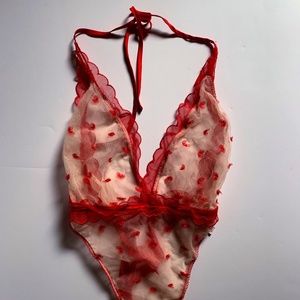 Victoria's Secret Red and Nude Lace Plunge Teddy Lingerie | Medium